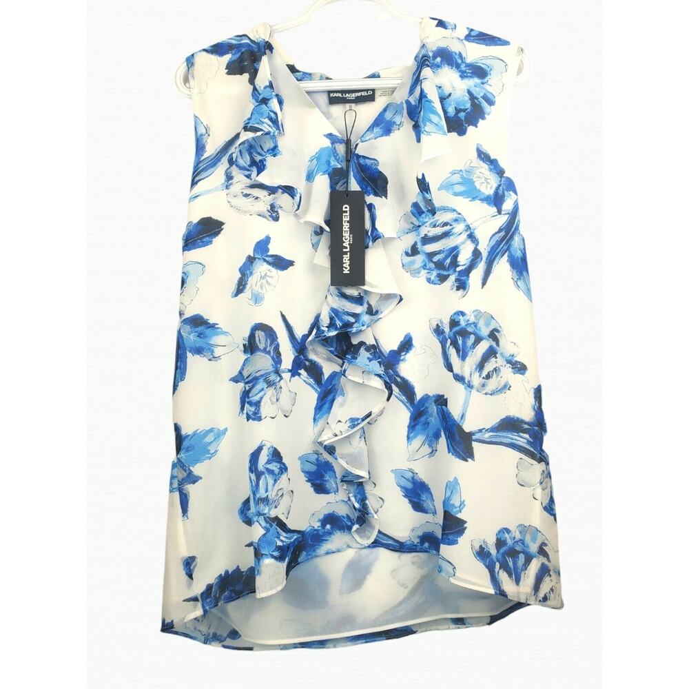 Karl Lagerfeld Blue Floral Ruffle Top M - Picture 4 of 7